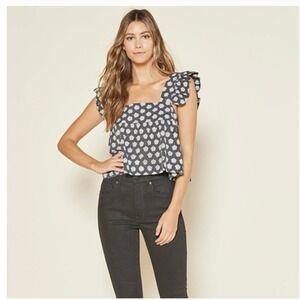 Outerknown Astrid Top Piece &‎ Co Black White Floral Ruffle Sleeves Medium